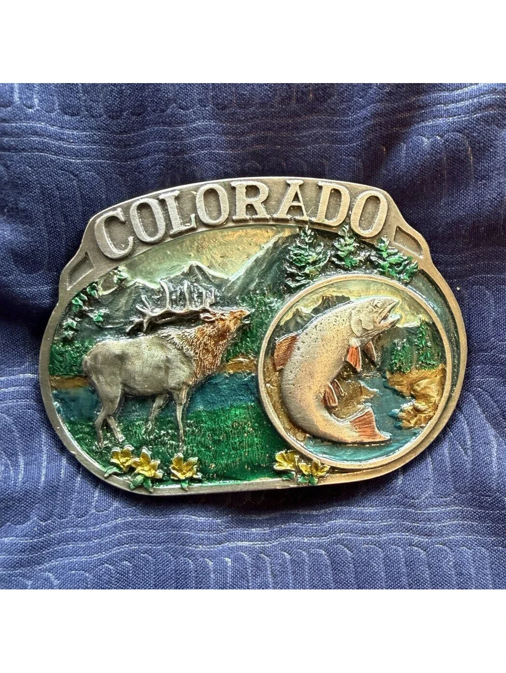 CJ Western Belt Buckle Colorado Elk & Fish Wildlife Scene Multicolor 1.5in